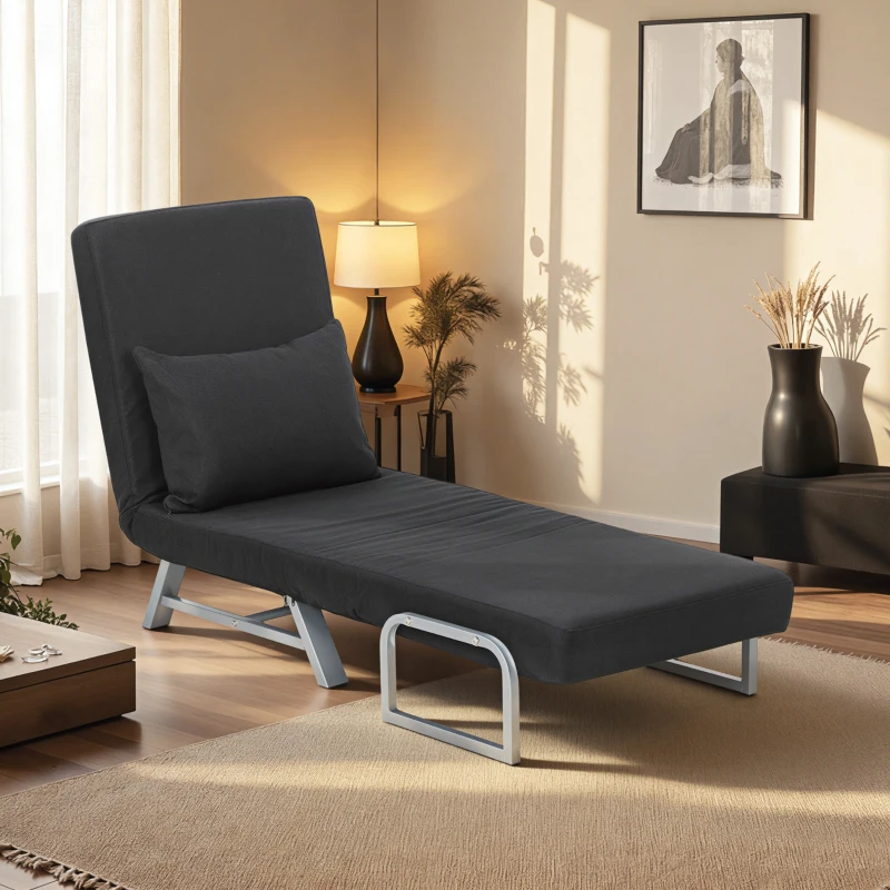 HOMCOM Fauteuil chauffeuse canapé-lit Convertible inclinable 1 Place Coussin lombaires accoudoirs piètement métal Lin Noir