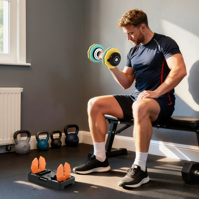 SPORTNOW Haltère réglable 5 à 25 kg avec base de rangement 5 niveaux de poids, poignée antidérapante disques d'haltères octogones