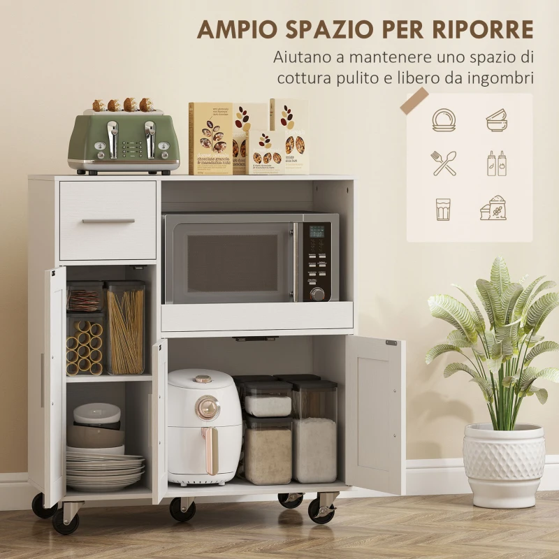 HOMCOM Mobiletto Microonde in Legno con Cassetto, 2 Armadietti, Ripiano Aperto e Piano Regolabile, 80x40x88.7 cm, Bianco