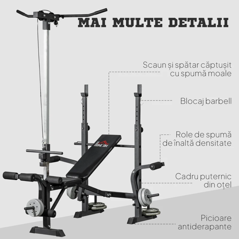 HOMCOM Bancă Multifuncțională pentru Fitness cu Pulley System, Suport pentru Haltere și Spătar Reglabil, Bancă pentru Greutăți Înclinată cu Extensie pentru Picioare, Chest Fly, Suport pentru Greutăți, Antrenament Acasă