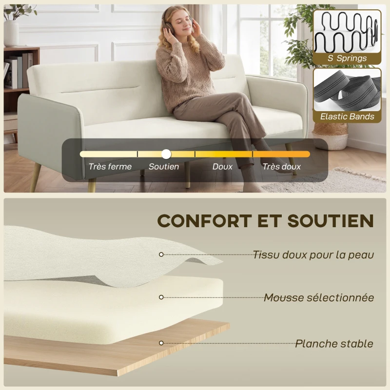HOMCOM Canapé convertible 3 places 3 en 1, canapé-lit clic-clac, dossier réglable, assise rembourrée, 185 x 84 x 83 cm, beige