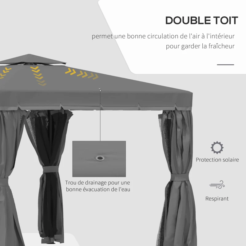 Outsunny Tonnelle de jardin extérieur 3 x 3 m, barnum avec toit double, rideaux et moustiquaire, cadre en aluminium, gris foncé