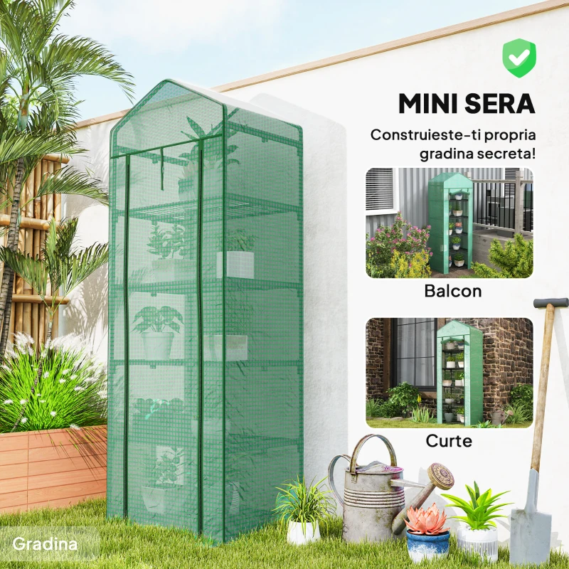 Outsunny Seră de grădină balcon etajere seră 5 niveluri 0,69 x 0,49 x 1,93 m oțel folie rulabilă PE verde