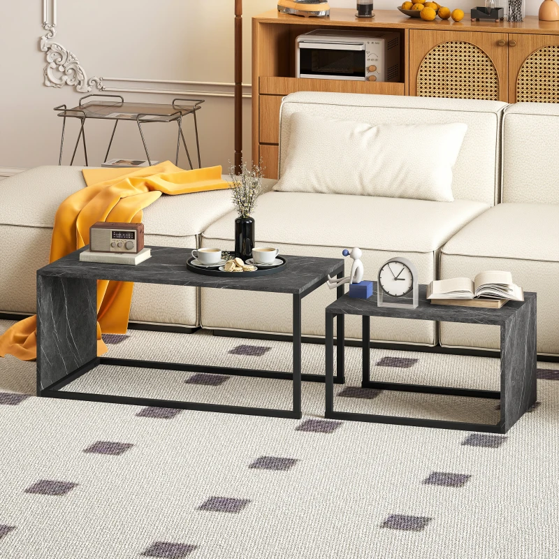 HOMCOM Lot de 2 tables basses gigognes design industriel encastrable en métal noir et effet marbre gris foncé