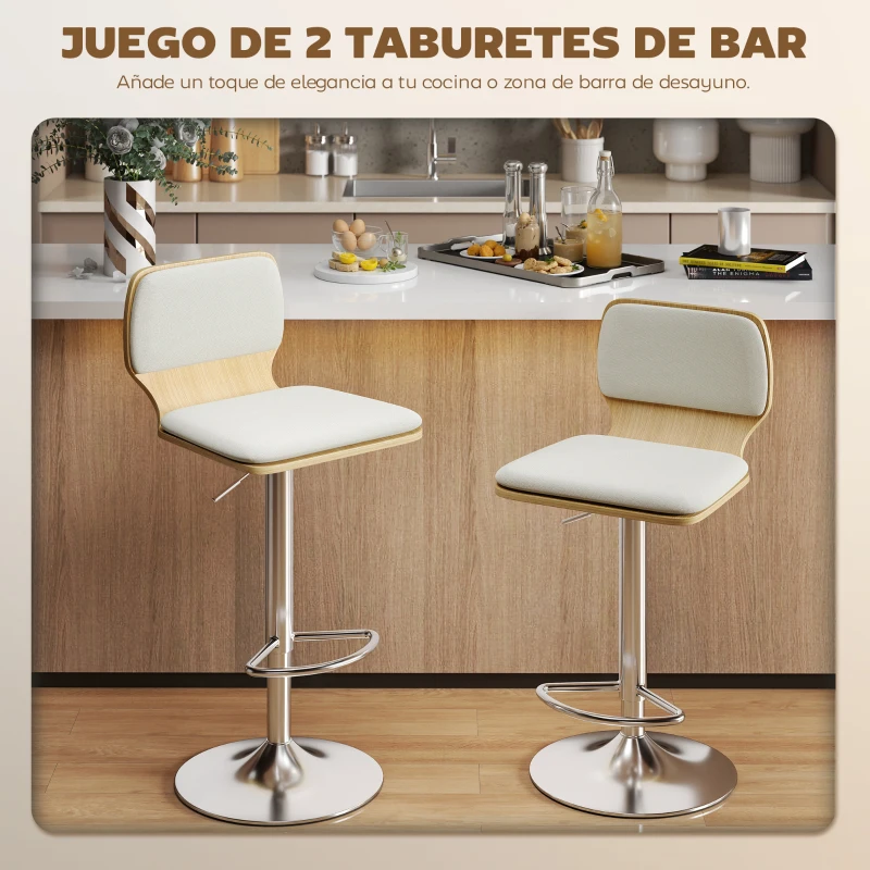 HOMCOM Juego de 2 Taburetes Altos de Cocina Giratorios en 360° Regulables en Altura de 81-102 cm Tapizados en Lino Beige