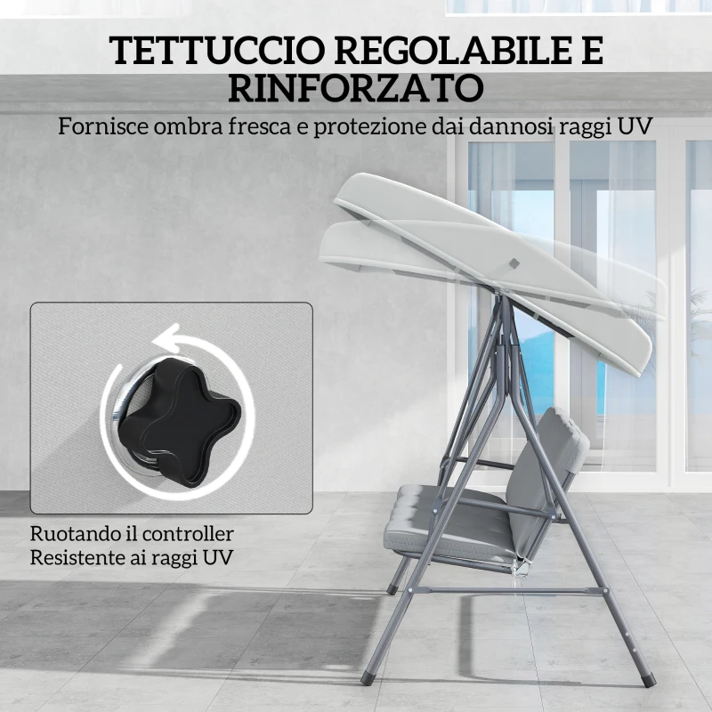 Outsunny Dondolo da Giardino 3 Posti con Tettuccio Regolabile e Cuscini, 172x110x156 cm, Grigio Chiaro