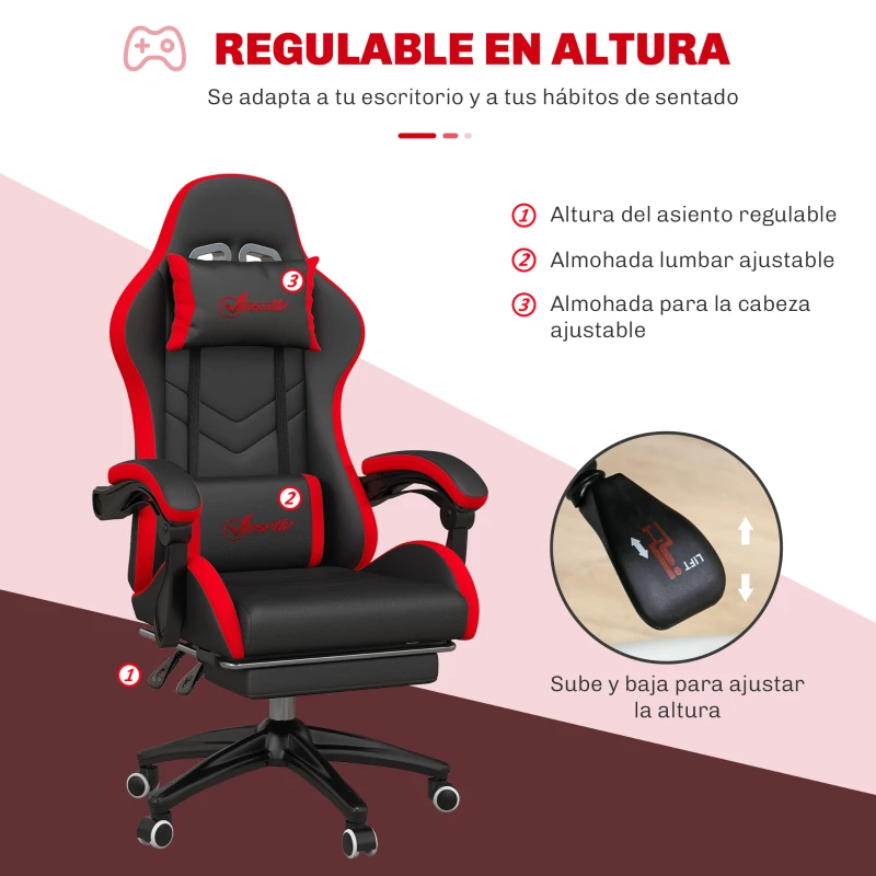 Vinsetto Silla Gaming de Cuero Sintético Reclinable 135° Reposacabezas y Reposapiés 65x65x121-129cm Negro y Rojo