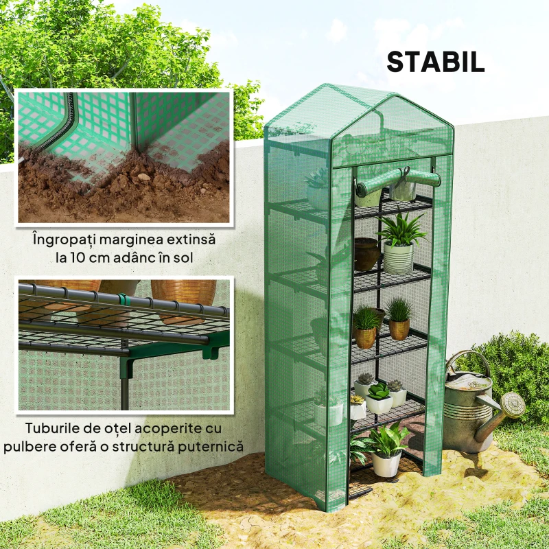 Outsunny Seră de grădină balcon etajere seră 5 niveluri 0,69 x 0,49 x 1,93 m oțel folie rulabilă PE verde