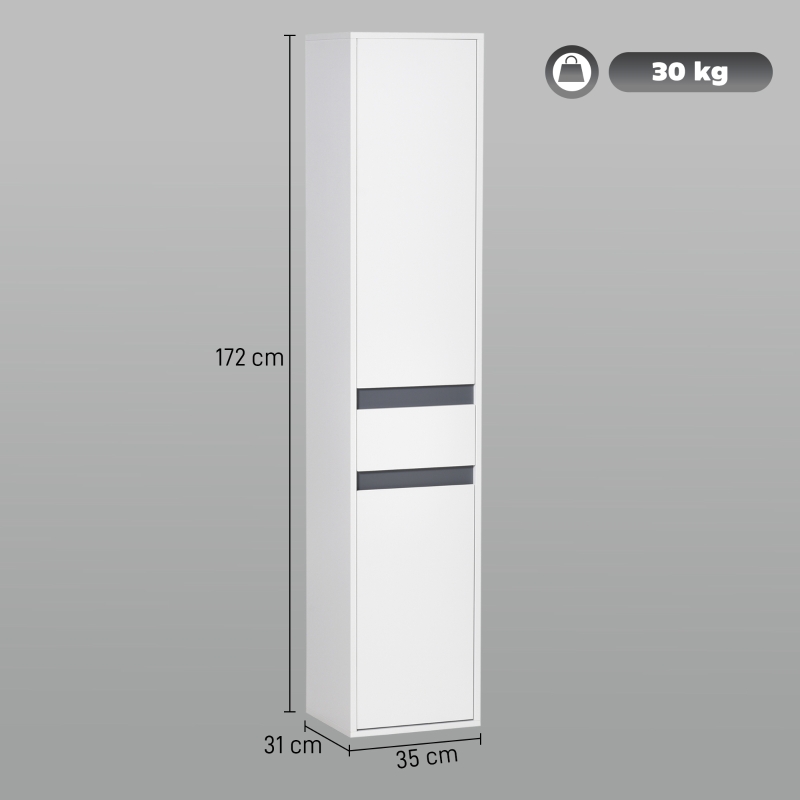 HOMCOM Colonna Bagno a 2 Armadietti con Ripiano Regolabile e Cassetto, in Truciolato, 35x31x172 cm, Bianco