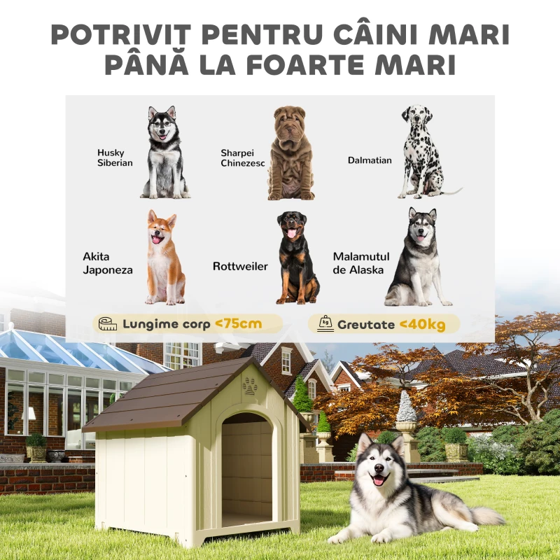 PawHut Căsuță pentru Câini de Exterior, Talie Mare și XL, Căsuță din Plastic Impermeabilă cu Bază Ridicată, Ferestre și Acoperiș Înclinat pentru Grădină, Terasă, Balcon, 102x94x103 cm, Bej