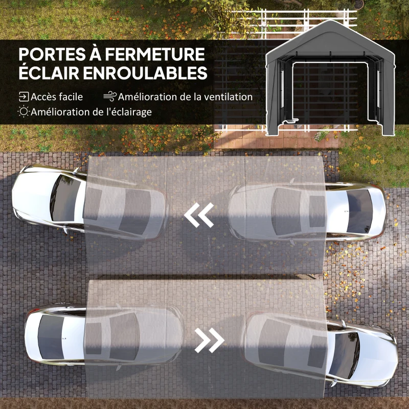 Outsunny Carport tente de garage 3 x 6 m avec parois latérales amovibles, 2 portes enroulables et 4 fenêtres, gris foncé
