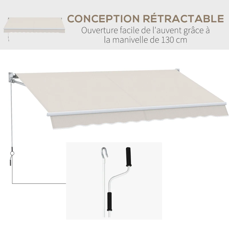 Outsunny Store banne manuel rétractable 200 x 250 cm store exterieur terrasse avec manivelle, imperméable et anti-UV, crème