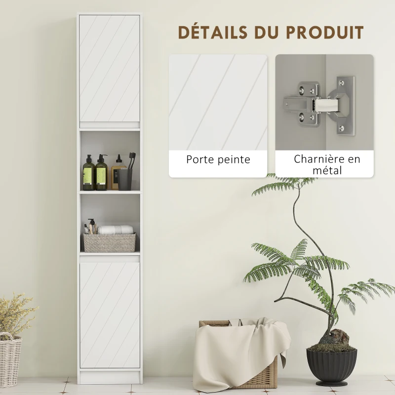 HOMCOM Meuble colonne salle de bain, meuble de rangement avec 2 portes, 2 compartiments ouverts, , 30 x 24 x 170 cm, blanc