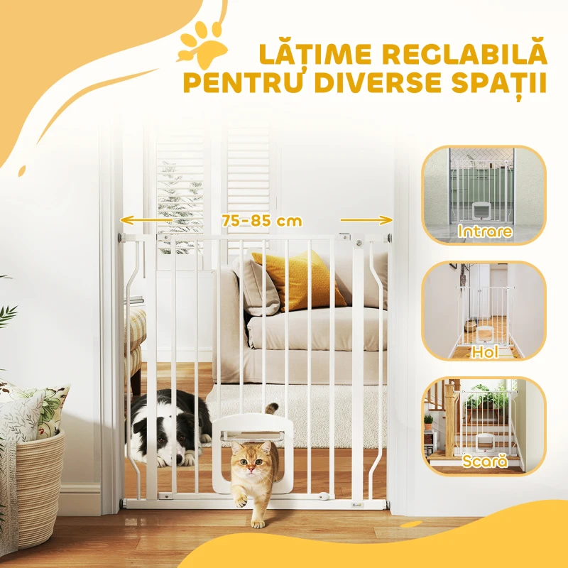 PawHut Gard Extensibil pentru Câini și Pisici cu Ușiță Integrată, Gard din Oțel și ABS, 75-85x2x76 cm, Alb