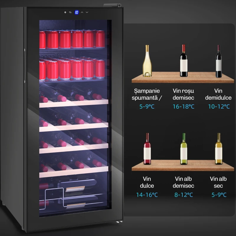 HOMCOM Răcitor de Vinuri de 92L pentru 20 Sticle, Răcitor Silențios cu Temperatură Reglabilă 5-18℃, Ușă Anti UV, Rafturi Ajustabile, Compresor, Display LED, Clasa G