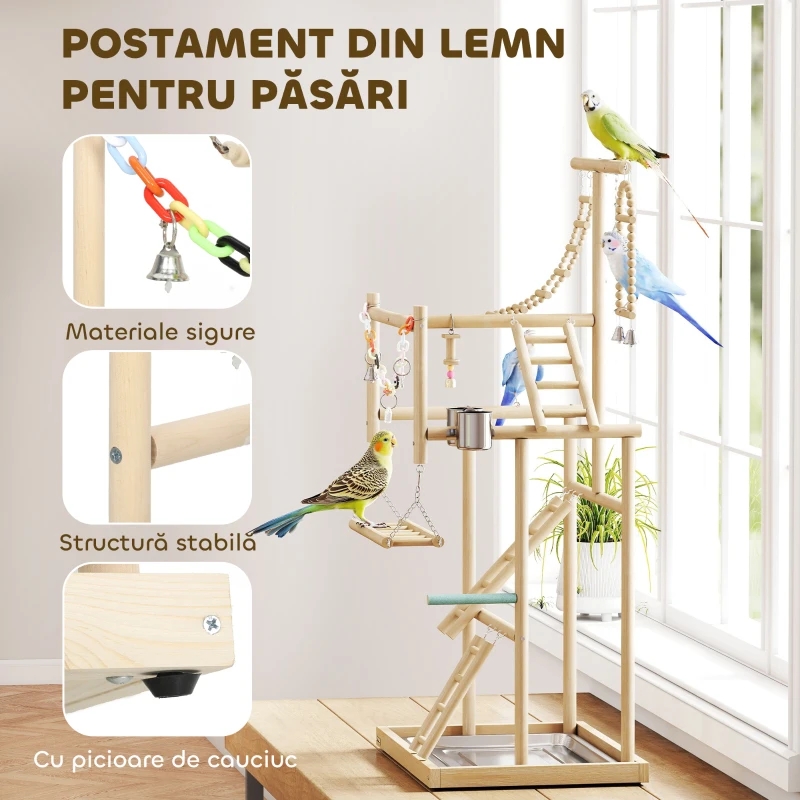 PawHut Suport pentru Papagali, Parc de Joacă pentru Păsări cu Scări, Lanțuri, Boluri, Tavă Detașabilă și Bare de Odihnă, pentru Perusi, Papagali Mici și Conuri, Lemn Natural