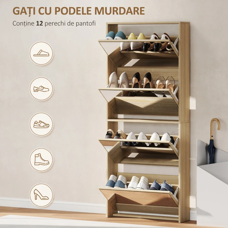 HOMCOM Dulap pentru Încălțăminte Slim cu 4 Uși și Oglindă 63x17x146 cm Culoare Lemn