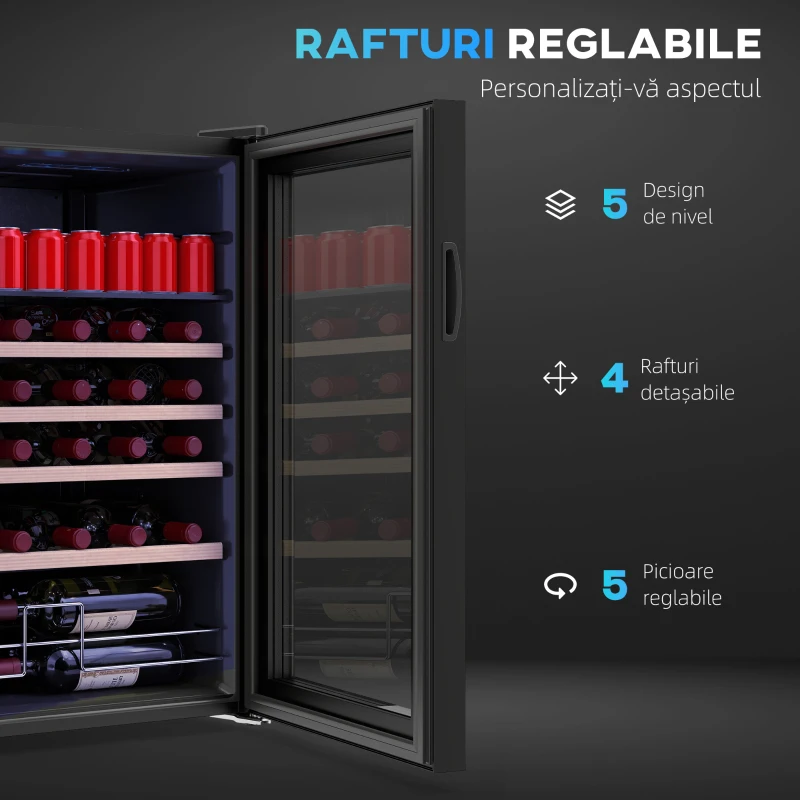 HOMCOM Vitrină Frigorifică pentru Vinuri 16 Sticle 63L Silențioasă Temperatură Reglabilă 5-18℃ Frigider Vinuri Bar cu Sticlă Anti UV, Rafturi, Compresor, Display Touch, Lumini LED, Clasa G