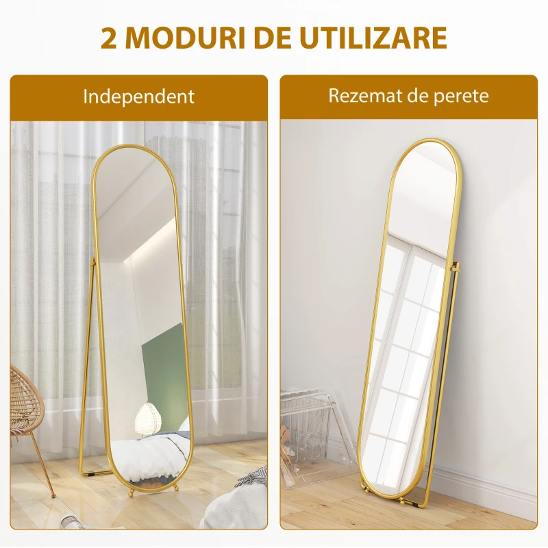 HOMCOM Oglindă de Podea Ovală Rezistentă la Spargere, Modernă, 50x4x180 cm, Auriu