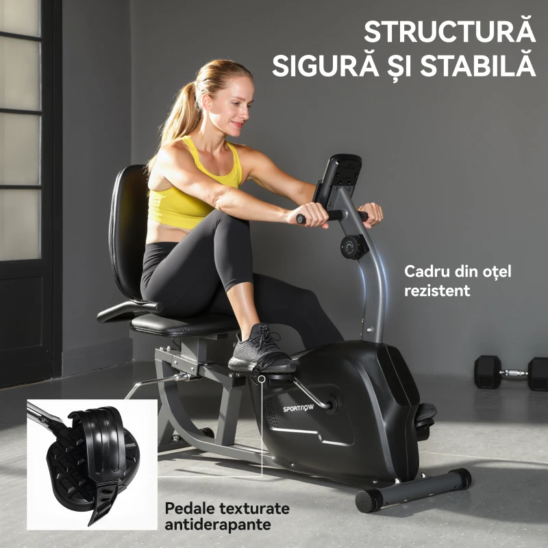 SPORTNOW Bicicletă de Acasă Recumbent cu 8 Nivele de Rezistență Magnetică, Măsurare Puls, Scaun Reglabil