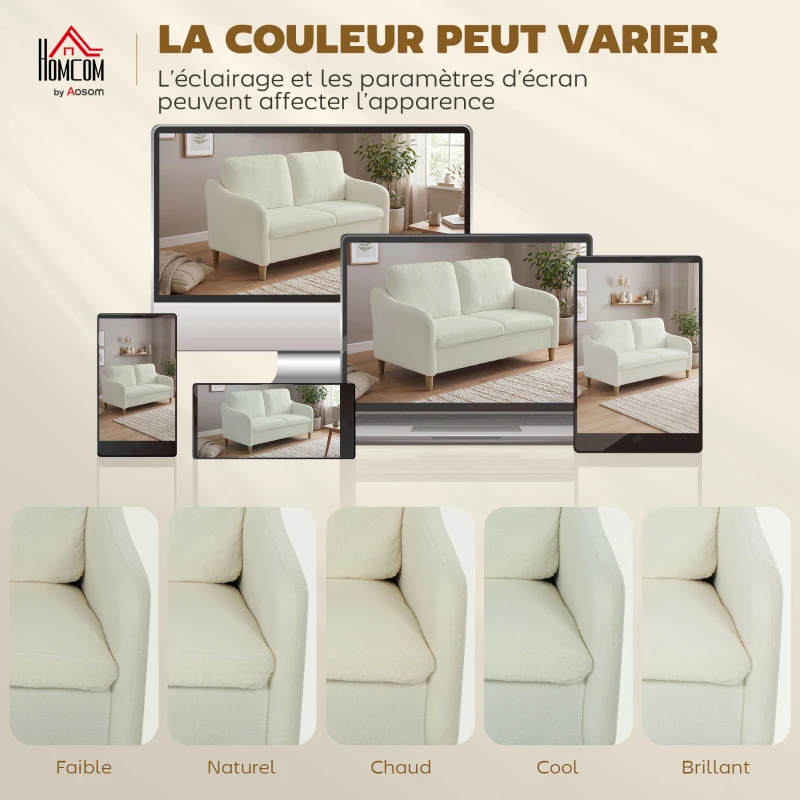 HOMCOM Canapé 2 places, canapé de salon en tissu bouclette avec coussins inclus, assise rembourrée, 137 x 69 x 82 cm, crème