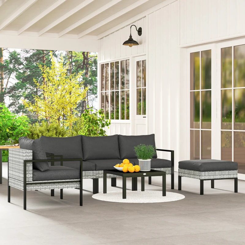 Outsunny Salon de jardin extérieur 5 personnes, salon de balcon en résine tressée avec fauteuils, pouf et table basse gris clair