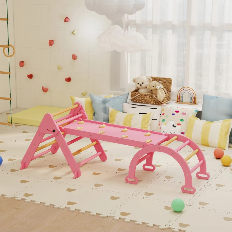AIYAPLAY 7 en 1 Triángulo de Escalada Montessori de Madera Plegable con Arco y Rampa para Niños de 18-48 Meses 188x70 cm Rosa