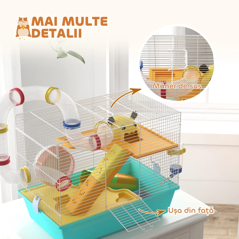 PawHut Cușcă pentru Hamsteri cu Roată, Căsuță, Bol, Rampe și Recipient Apă, Cușcă pentru Gerbili din Oțel, PS și PP, 45x28x37 cm, Alb și Albastru