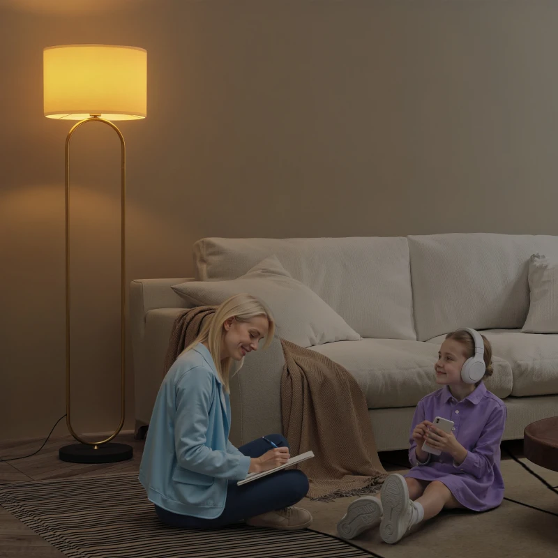 HOMCOM Lampadaire abat-jour en lin douille E27 style moderne interrupteur à pied pour salon et chambre 156 cm doré et noir