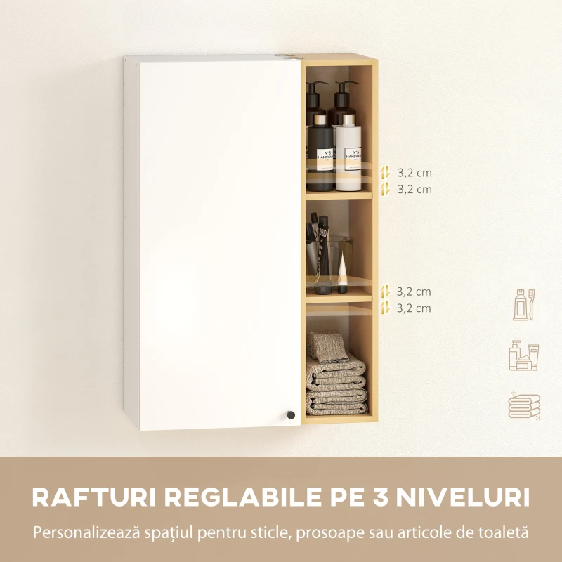 HOMCOM Dulap Baie Montat pe Perete cu Uși Soft Close, Dulap Suspendat cu Rafturi Reglabile și 3 Polițe Deschise, pentru Living sau Hol, 59.5x30x90 cm, Alb și Lemn
