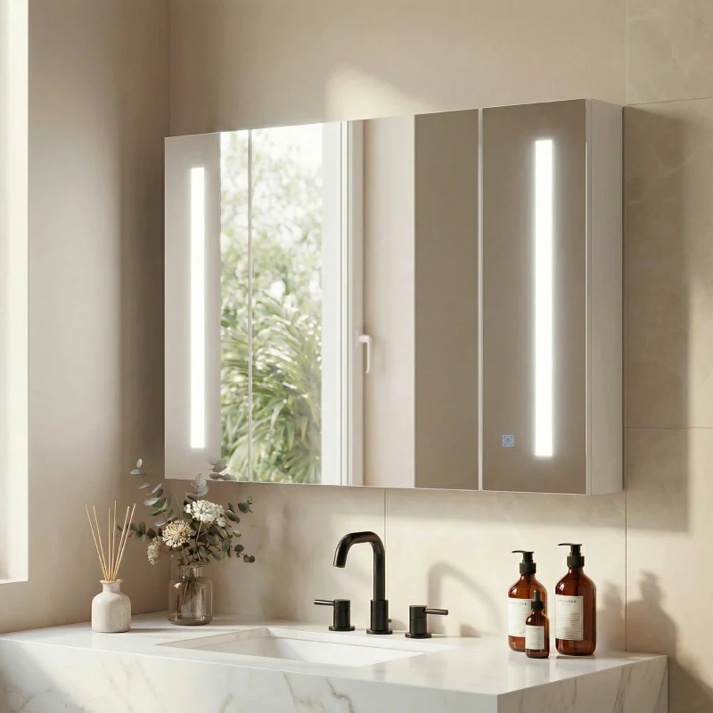 kleankin Armadietto Specchiera da Bagno con 3 Armadietti, 3 Ripiani e Luce LED, 90x15x65 cm, Bianco