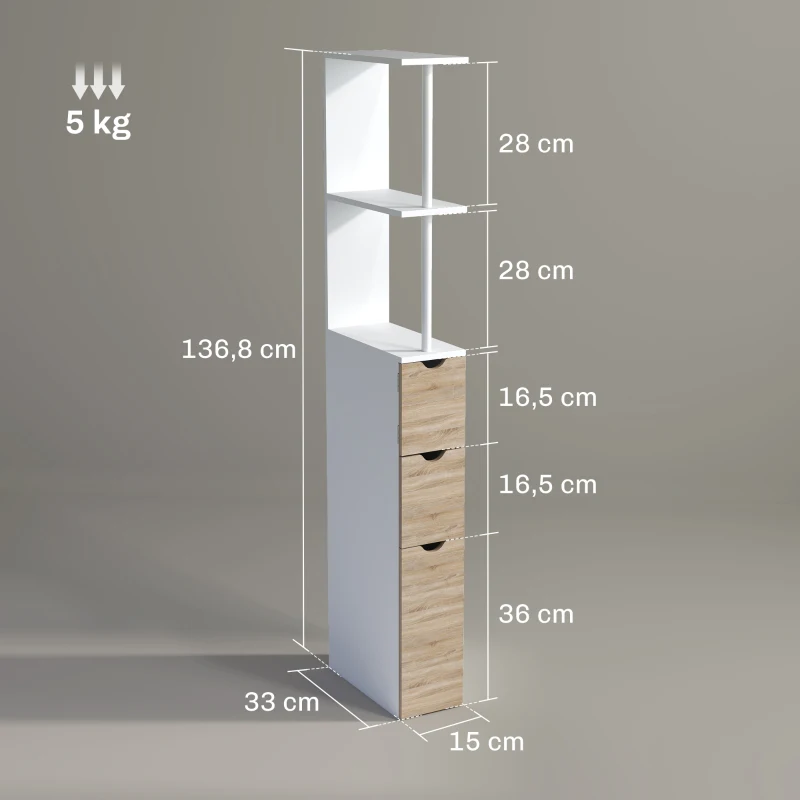 HOMCOM Meuble colonne salle de bain armoire de salle de bain avec tiroirs étagères ouvertes placard 15 x 33 x 136,8 cm blanc