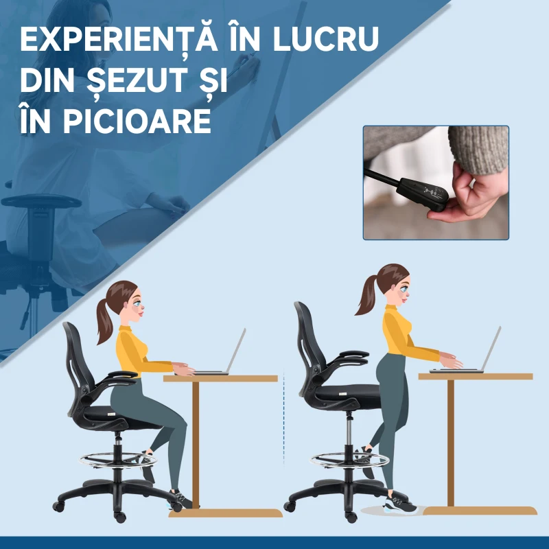 Vinsetto Scaun de Birou Ergonomic, Scaun Rotativ din Plasă, Reglabil pe Înălțime cu Suport pentru Picioare și Cotiere Rabatabile, Capacitate 120kg, Negru