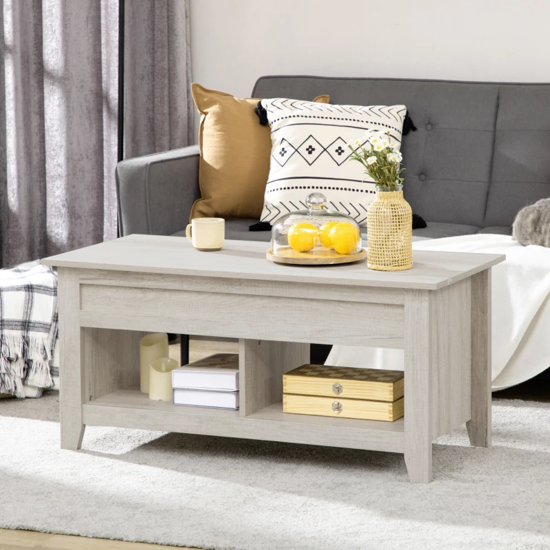 HOMCOM Table basse plateau relevable, table de salon avec étagères et compartiment caché,105 x 50 x 49-62,5 cm pour salon, chambre, aspect chêne clair