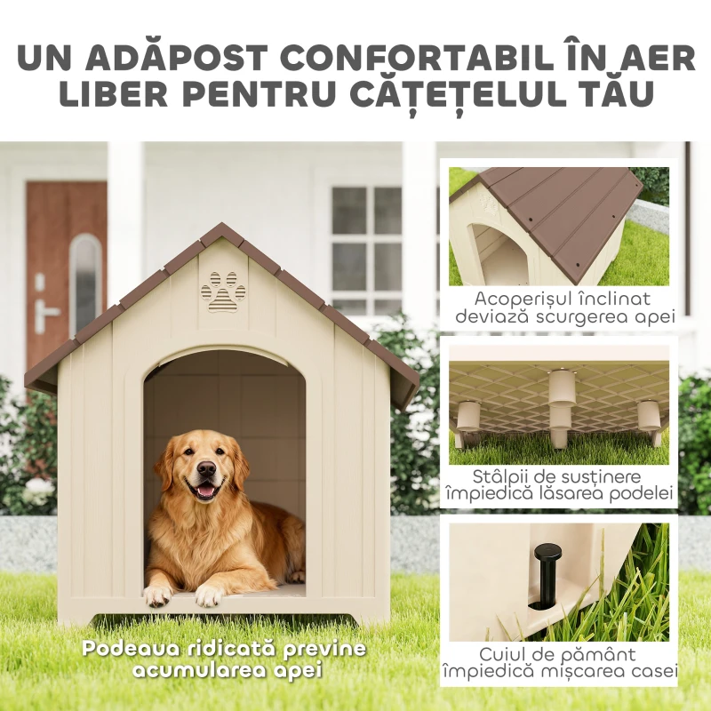 PawHut Căsuță pentru Câini de Exterior, Talie Medie și Mare, Căsuță din Plastic Impermeabilă cu Bază Ridicată, Ferestre și Acoperiș Înclinat pentru Grădină, Balcon, Terasă, 88x78x89 cm, Bej