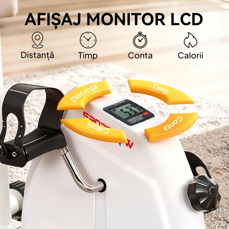 SPORTNOW Bicicletă de Cameră pentru Brațe și Picioare, Pedalieră pentru Reabilitare cu Înălțime Reglabilă, Ecran LCD, Rezistență Reglabilă și Pedale de Masaj, pentru Seniori, Alb