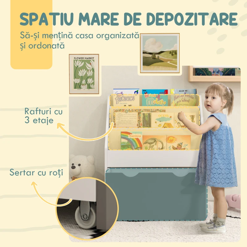 AIYAPLAY Bibliotecă pentru Copii 3-8 Ani cu 3 Rafturi și Sertar Inferior, din MDF, 62.5x30x70 cm, Gri