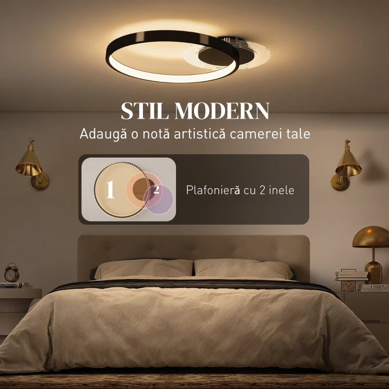 HOMCOM Lampă de tavan LED Modernă de 40W cu 2 Inele și Lumină Reglabilă, Negru