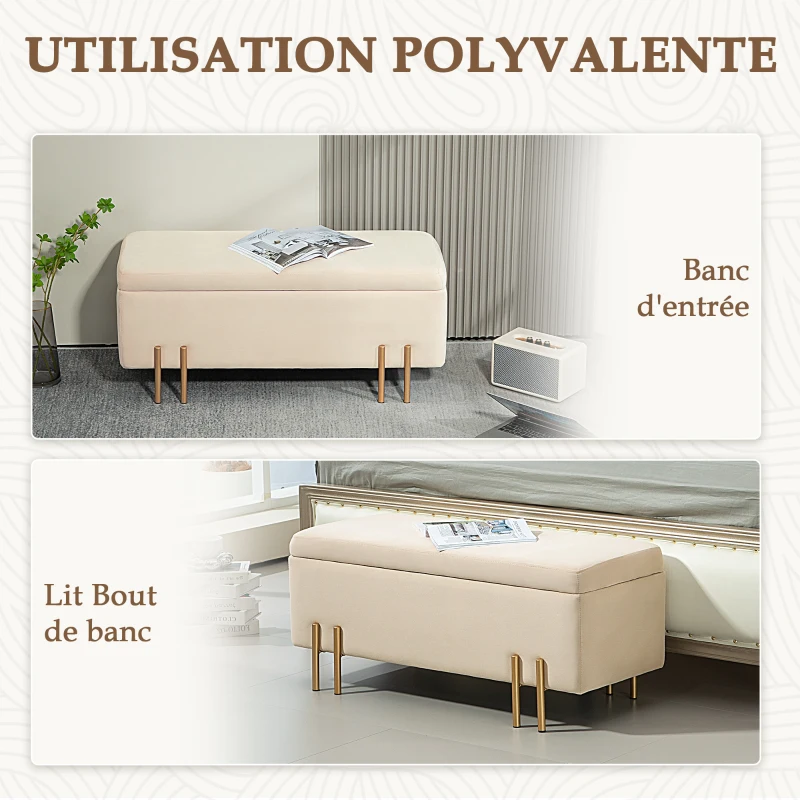 HOMCOM Banc de rangement coffre de rangement design contemporain - espace de rangement velours beige piètement métal doré