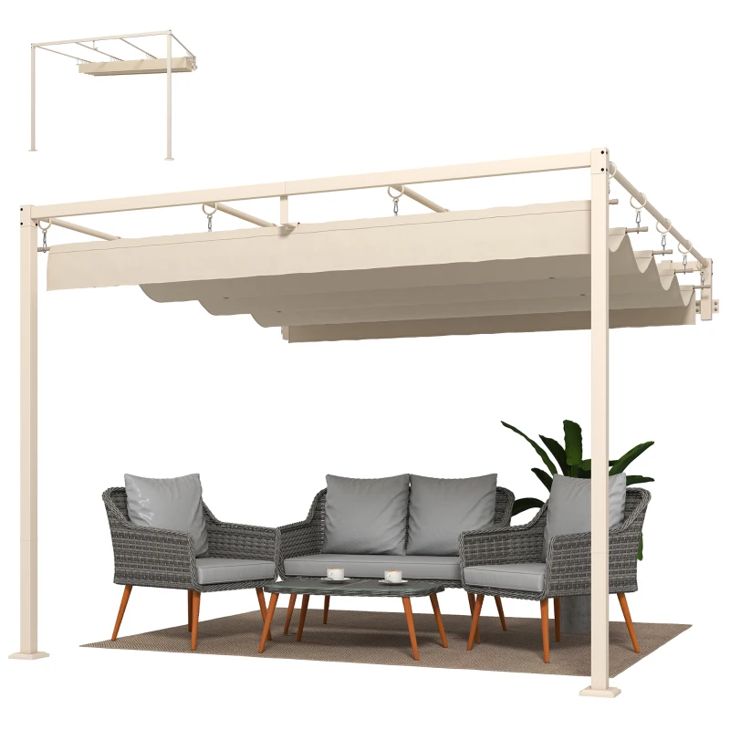 Outsunny Pergola Addossata 3x3 m con Tetto Retrattile Scorrevole UV30+ e Fori di Drenaggio, Beige
