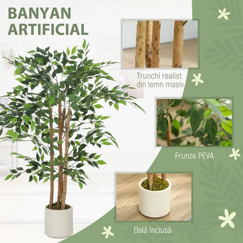 HOMCOM Copac Artificial de 120 cm, Plantă Decorativă cu Trunchi Solid din Lemn și Ghiveci pentru Interior, Verde