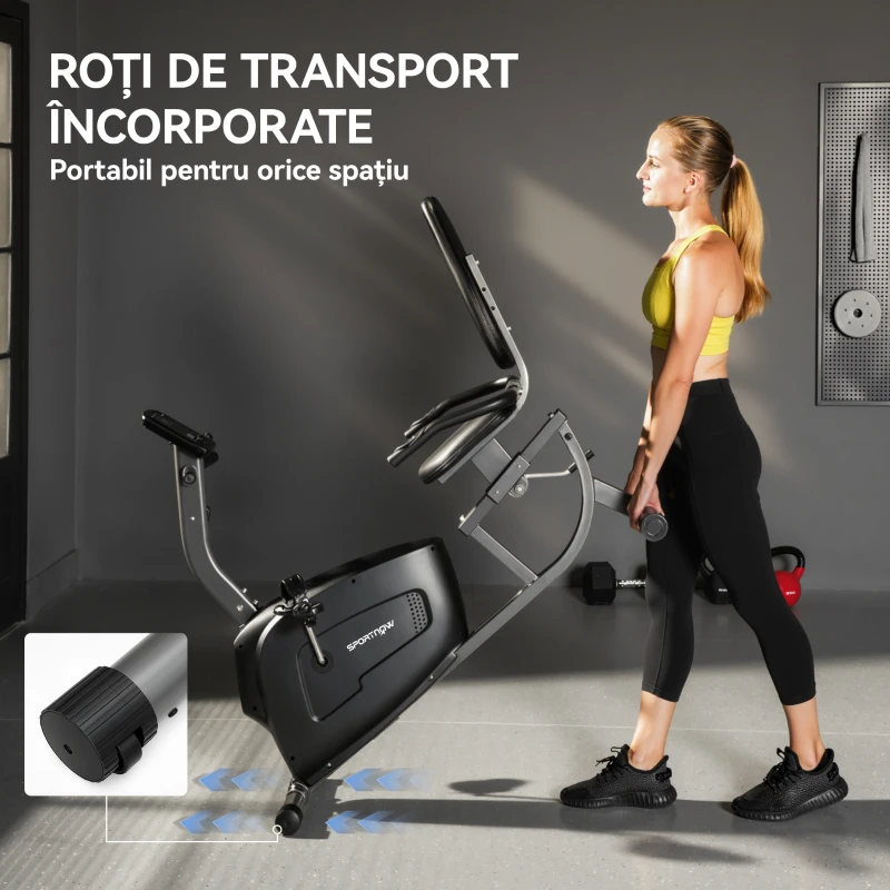 SPORTNOW Bicicletă de Acasă Recumbent cu 8 Nivele de Rezistență Magnetică, Măsurare Puls, Scaun Reglabil