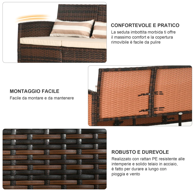 Outsunny Divano 3 Posti da Esterno in Rattan PE con Cuscini Imbottiti e Sfoderabili, 173x68x78 cm, Marrone