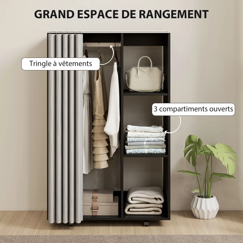 HOMCOM Armoire penderie vêtement dressing mobile 4 roulettes tringle à vêtements et étagères ouvertes 80 x 40 x 128 cm noir