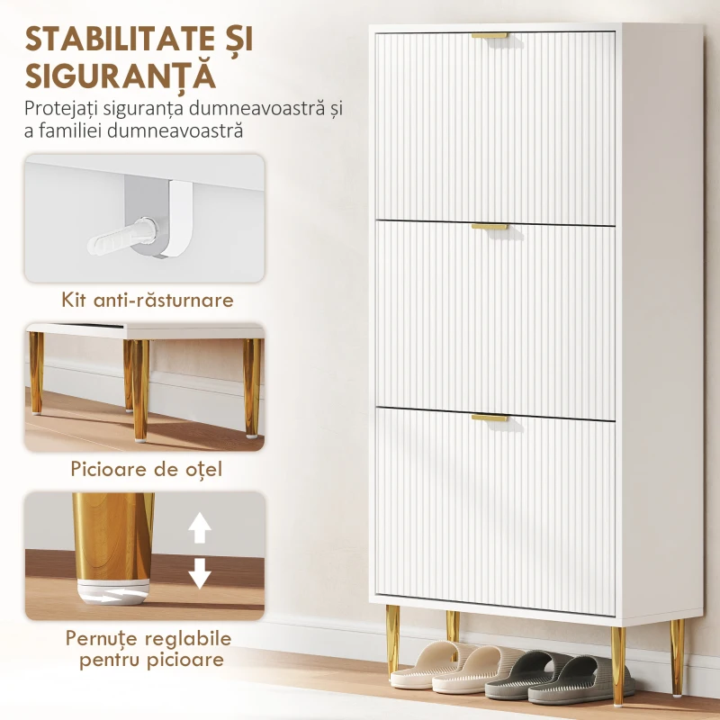 HOMCOM Dulap Subțire pentru 18 Perechi de Pantofi cu 3 Sertare Basculante și Rafturi Reglabile, 60x24x128 cm, Alb