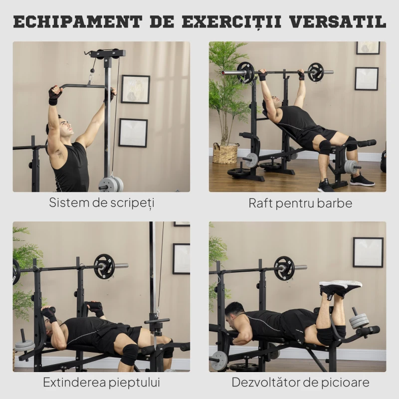 HOMCOM Bancă Multifuncțională pentru Fitness cu Pulley System, Suport pentru Haltere și Spătar Reglabil, Bancă pentru Greutăți Înclinată cu Extensie pentru Picioare, Chest Fly, Suport pentru Greutăți, Antrenament Acasă