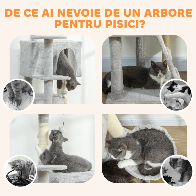 PawHut Ansamblu de joacă pentru pisici cu 2 căsuțe, hamac, culcuș și stâlpi din sisal, 48x48x160 cm, gri