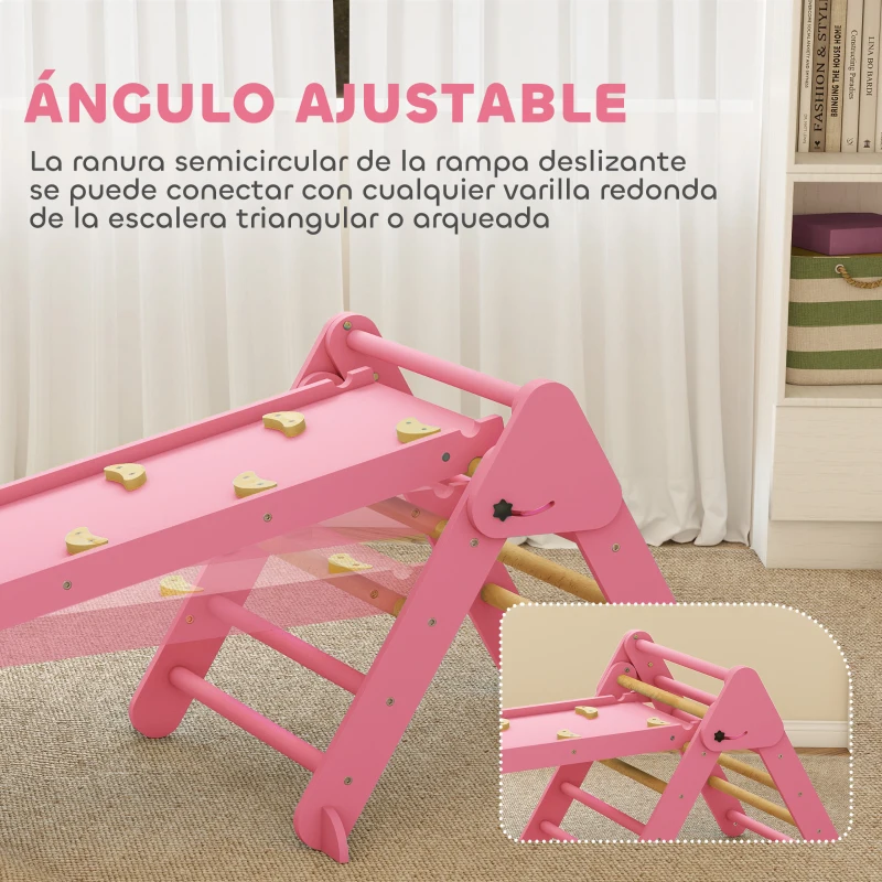 AIYAPLAY 7 en 1 Triángulo de Escalada Montessori de Madera Plegable con Arco y Rampa para Niños de 18-48 Meses 188x70 cm Rosa