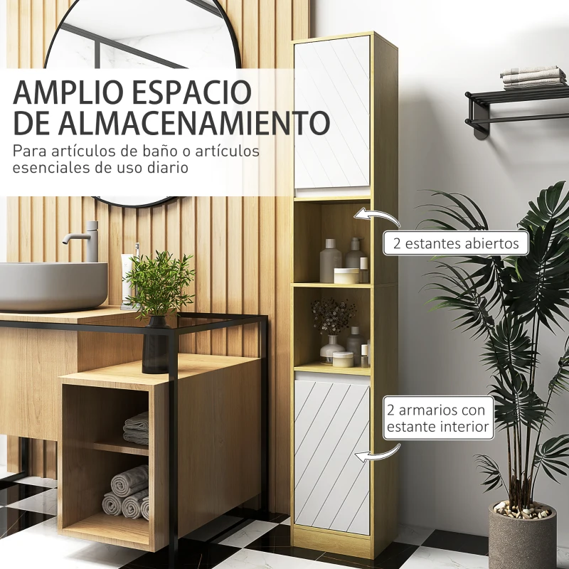 HOMCOM Columna de Baño Estrecha con 2 Puertas y 2 Estantes Abiertos, para Espacios Pequeños, 30x24x170 cm, Roble y Blanco