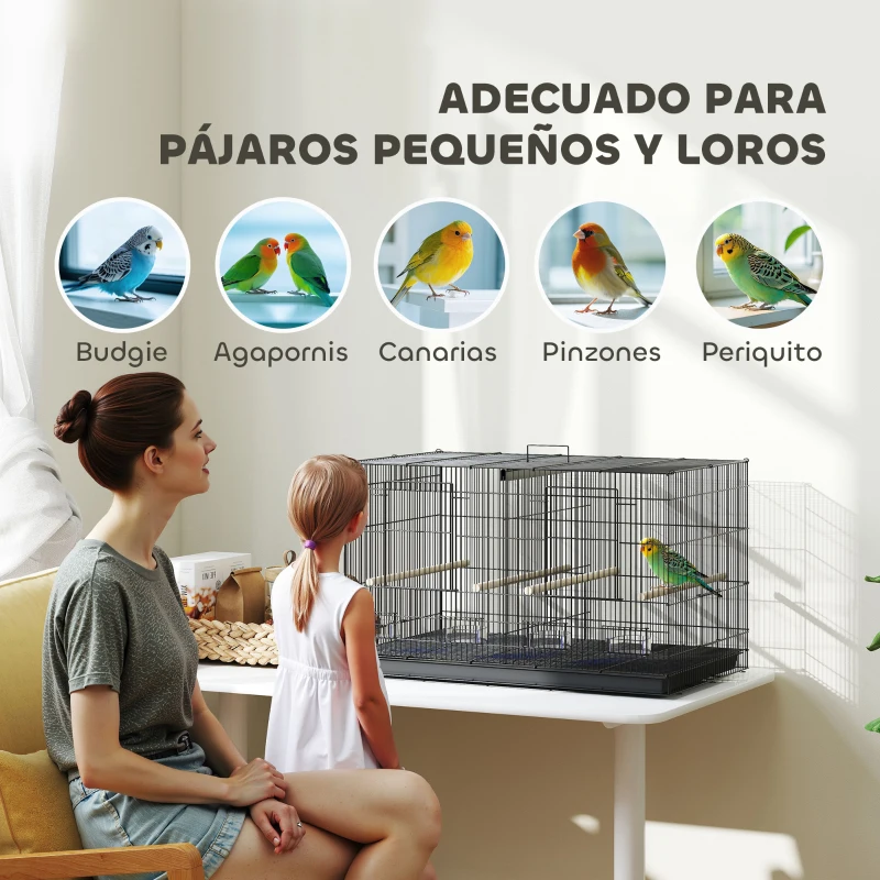PawHut Jaula para Pájaros con Divisor 4 Comederos 4 Perchas Bandeja Extraíble para Loros Canarios Periquitos 76x46x46 cm Negro